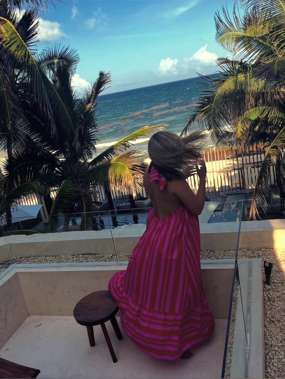 Backless pink and red striped halter maxi dress